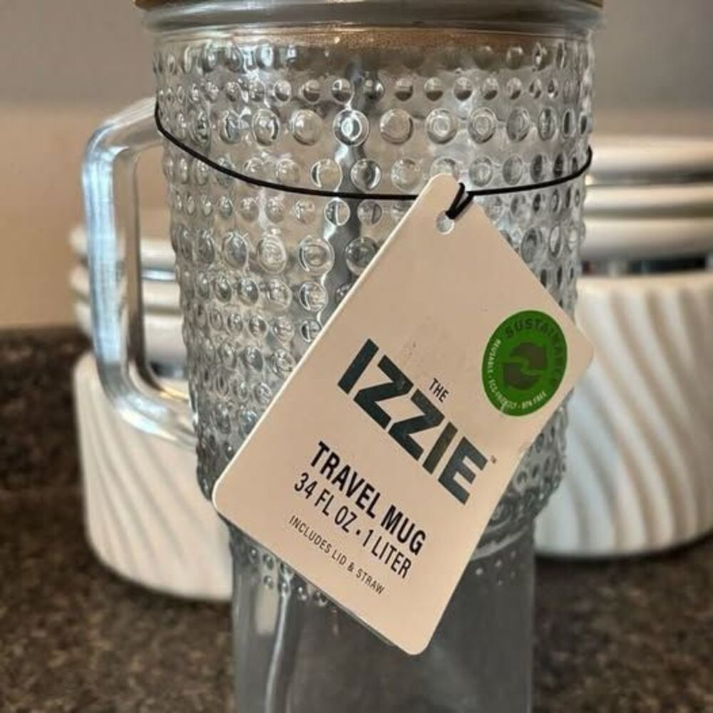 The Izzie 34 oz Travel Mug with Bamboo Lid and Stainless Steel Straw